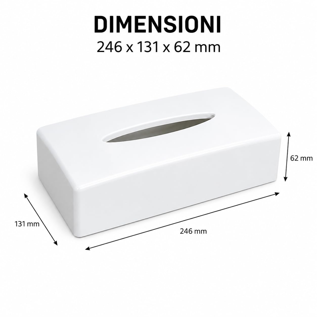 Scatola dispenser porta fazzoletti, MADE IN ITALY, in ABS riciclabile, 246x131x62mm, ideale per bagno, salotto, hotel e casa, completo di viti e biadesivo per fissaggio a parete (rettangolare bianca)