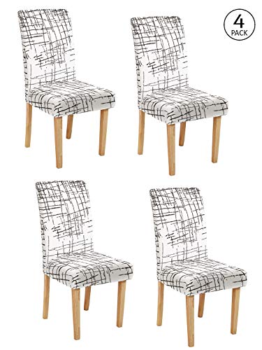 Image of Cortina Dining Chair Slipcovers | Protection Chair Covers | Abstract Print, White Tweed Design, Removable, Washable | Universal Fit Super Soft Stretchy Polyester Spandex | Kitchen, Hall | Pack of 4