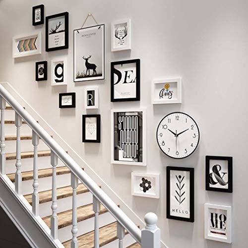 ZXW Staircase Photo Wall Set 18 Pcs, Modern Decoration Hanging Picture Frame Combination to Change Photos, 16 Frames & 2 Kinds of Accessories -Black+White