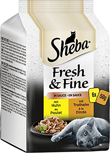 Sheba Krmivo pro kočky mokré krmivo Fresh & Fine drůbež variace v omáčce, 6 porčních sáčků, 6 x 50 g