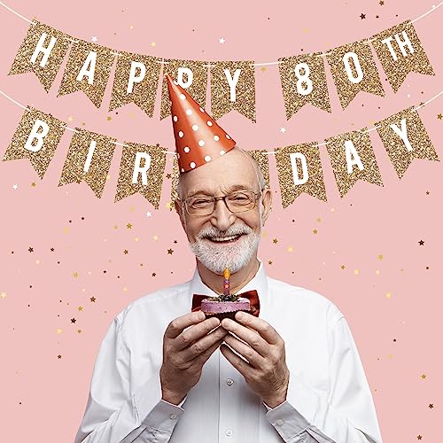 Image of Pre-Strung Happy 80th Birthday Banner - Gold Glitter Birthday Banner