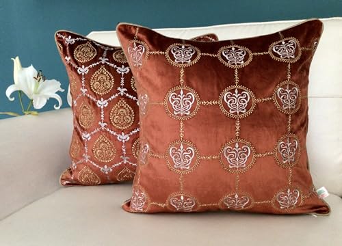 Image of TARA- Sparkling Homes 16 x 16 Inches Zari Embroidered Velvet Cushion Covers, 'Cleopatra' from 'The Royal Collection', Set of 1 (Burnt Orange, 16 x 16 Inches)