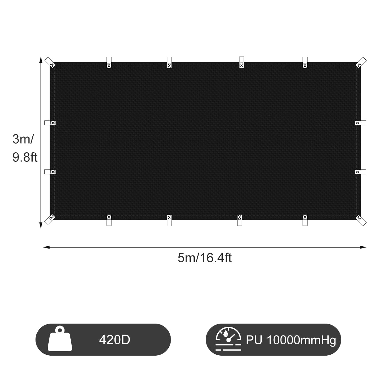 Honsaifau Waterproof Tarpaulin Outdoor Cover: Black 3m x 5m 420D Oxford Fabric Tarp Sheet with Reinforced Loops - Image 3