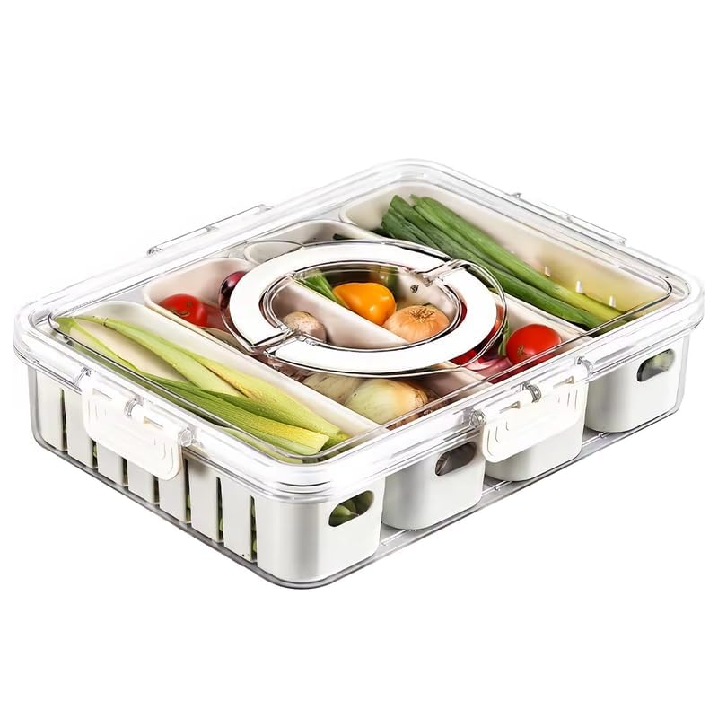 Image of Divided Fridge Storage Boxes With Serving Veggie Tray with Lid and Handle, Fridge Organizer with Removable Compartment, Fridge Storage Containers (4 Compartment-1PCS)