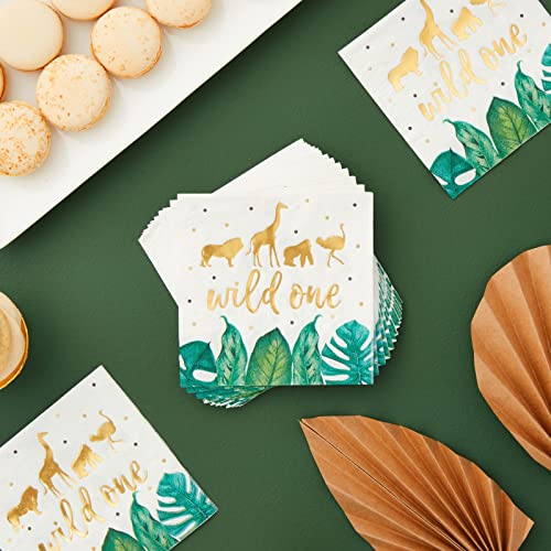 50 Pack Wild One Napkins For Jungle Safari First Birthday Party Supplies, Animal Print Napkins For Boys Or Girls Party, Green Leaves With Gold Foil Accents (5 X 5 In) #TOP1