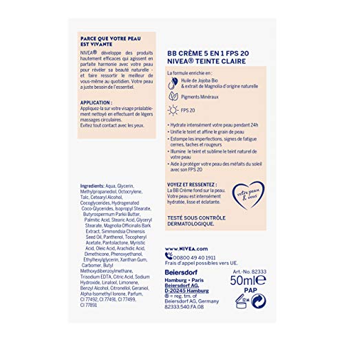 NIVEA BB Crème FPS 15 Teinte Claire (1 x 50 ml), Crème hydratante visage à l'huile de Jojoba BIO, Soin de jour FPS 15 pour unifier le teint et estomper les imperfections, hydratation 24h (Lot de 2)