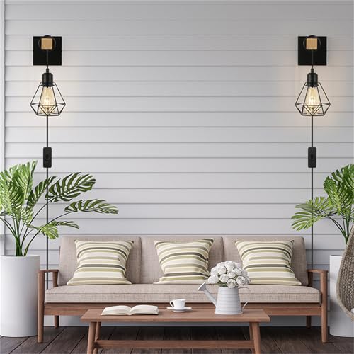Lámpara de pared interior negra industrial con interruptor integrado y base de madera 7