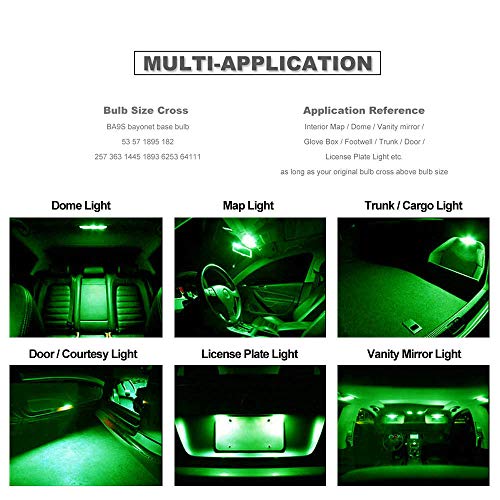DODOFUN BA9S Green Car Interior Exterior Replacement Bulb Bayonet Base BA9 53 57 1445 1895 64111 Size Reading Map Dome Side Door Courtesy LED Light 12V (Pack of 10)