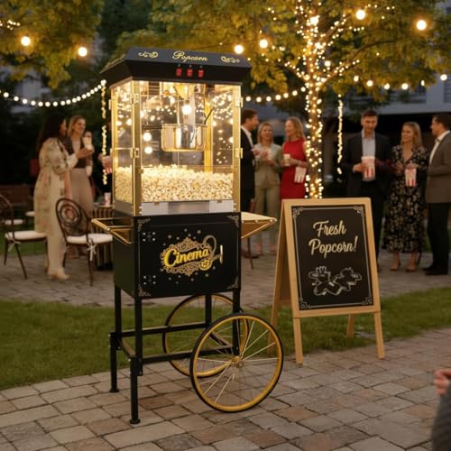 Image of Large Popcorn Machine with Cart: 16 Oz Vintage Commercial Popcorn Maker Movie Theater Style Makes Up to 64 Cups for Home Party Office, Black