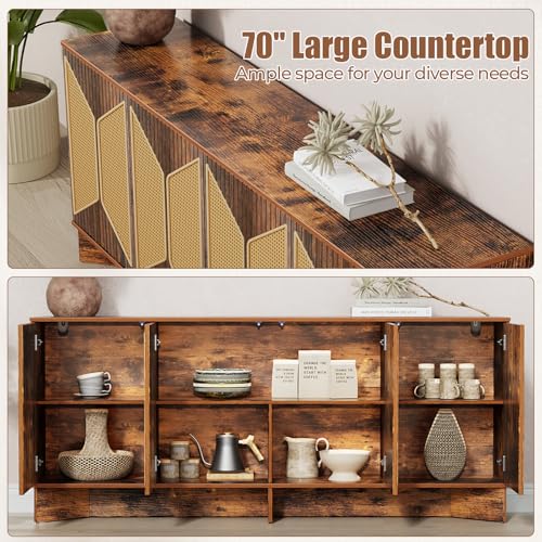 Allstand FAST0098ABLUSY Sideboard Buffet Cabinet With Storage, 70'' Large Modern Boho Rattan Buffet Sideboard Cabinets thumb #3
