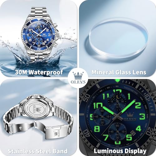 Image of OLEVS Watches for Men Stainless Steel Dress Men Watch with Date Big Face Chronograph Waterproof Luxury Fashion Watch Blue /Black /Gold /Green /Silver Face Relojes para Hombres