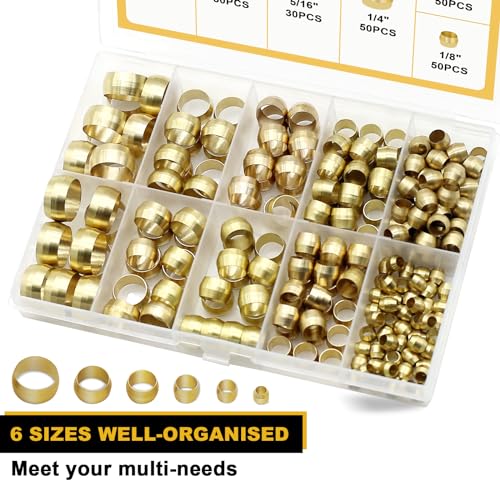 Image of Siptenk 228PCS Brass Compression Sleeves Ferrules Kit Lines for Air, Water | 6 Sizes 1 /2 inch 3 /8 inch 5 /16 inch 1 /4 inch 3 /16 inch 1 /8 inch Hose Compression Fitting Brass Ferrule lines for Fuel, Oil and Inert Gases