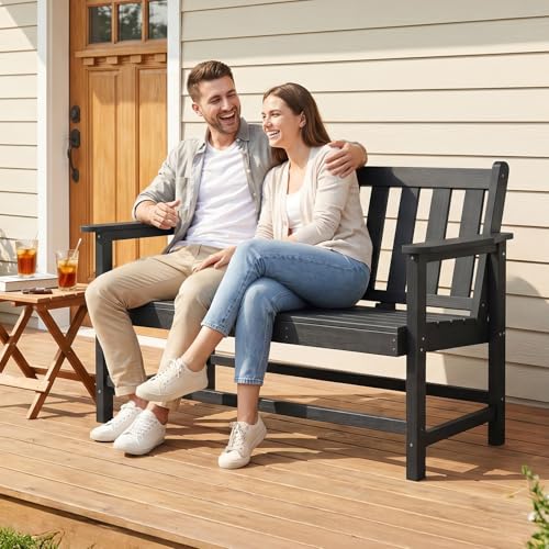 Image of VINGLI 49in HDPE Outdoor Bench with Backrest and Armrests, 2-Person Weatherproof Patio Bench, Heavy Duty 600 lbs Capacity, Low Maintenance Garden Benches for Porch Backyard Poolside Park (Black)