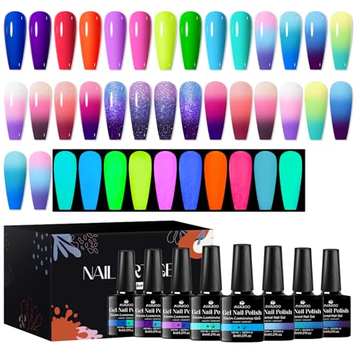 MSRUIOO Neon Glow in the Dark Gel Nail Polish + Color Changing Gel Nail Polish Set Luminous Glow Effect Gel Polish Mood Temperature Change Nail Polish Gel Manicure Gift 20 Colors
