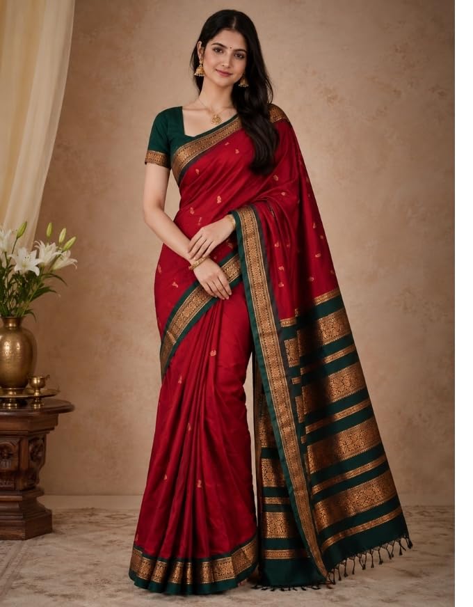 Image of Pure Kalyani Cotton Saree | Zari Border & Blouse Piece - Lata Gadwal Design | Traditional Saree