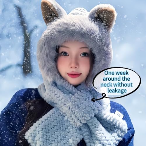 Cute Fox Ears 2 in 1 Hat and Scarf, Plush Cap Ear Protection One Piece Set, Winter Warm Hat Scarf for woman3