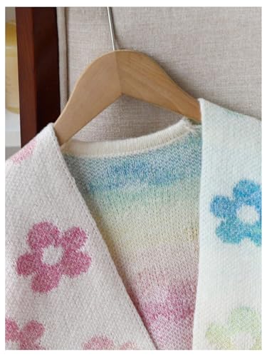 OYOANGLE Girl's Colorful Flower Open Front Cardigan Sweater Long Sleeve Loose Fall Knit Outerwear4