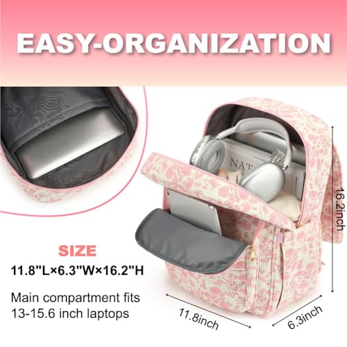 Image of Women Laptop Backpack, Corduroy 15.6 inch Travel Backpack for Work College Business, Teacher Nurse Bag with Large Capacity School Bookbag Bags for Girls - Flowers Pink