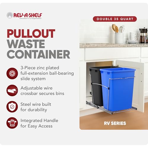 Image of Rev-A-Shelf Double Pullout Garbage Trash Cans for Kitchen Cabinets, 35 Qt