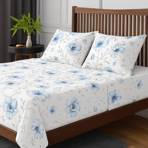 Image of King Size Bedsheet 108x108 Inches - Blue Blossom Design | Soft Microfiber, Breathable & Wrinkle-Free | Includes 2 Matching Pillow Covers