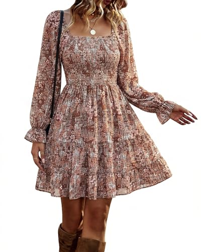 Image of BTFBM Womens Long Sleeve Dress Summer Vacation Square Neck Smocked Floral Mini Boho Fall Wedding Guest Dresses 2026