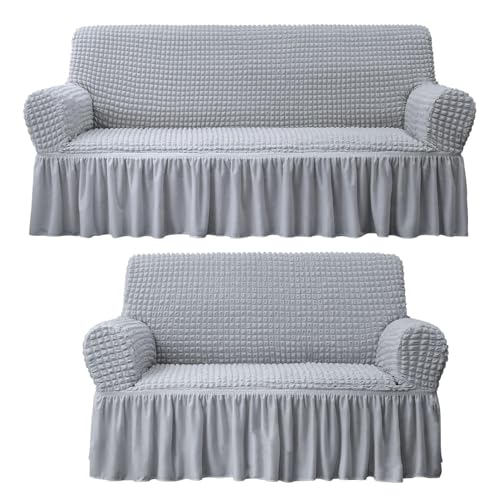 Image of House of Quirk Turkish Bubble Frill Five Seater 3 + 2 Sofa Slipcovers 280 GSM, Durable Washable Universal Triple Seater High Elastic Furniture Protector (Smoke)