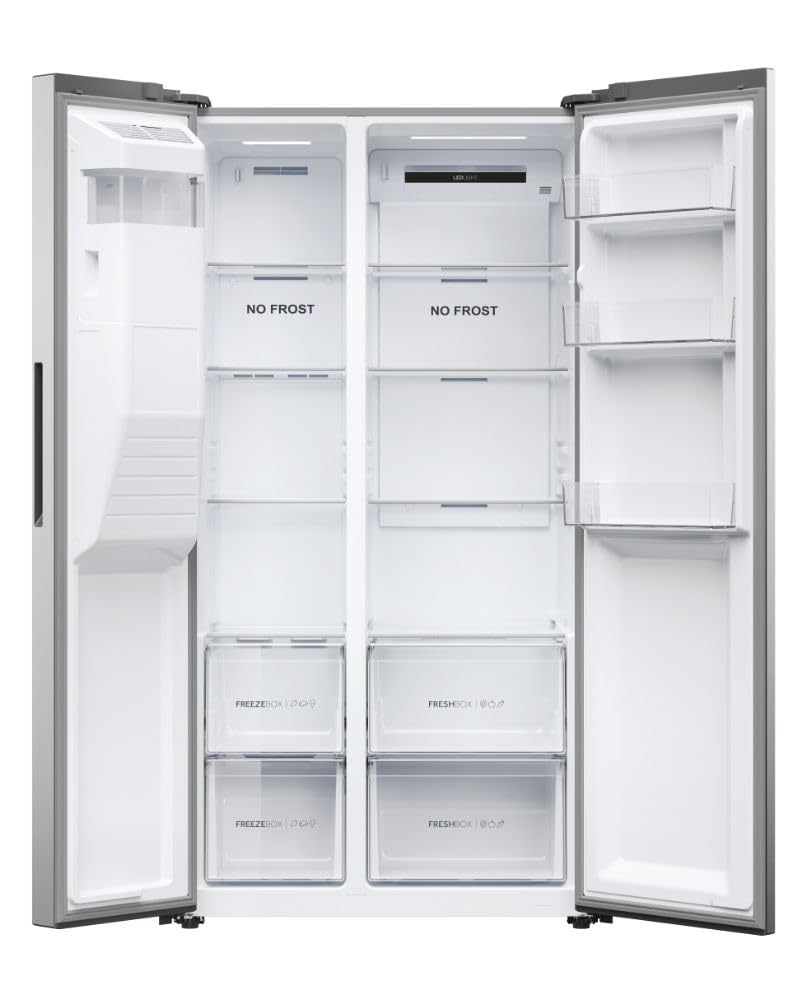 Haier SBS 90 SERIE 5 HSR5918DIMP Kühl-Gefrierkombination / Edelstahl-Front / Wasser- und Eiswürfelspender / Festwasseranschluß / Multi Airflow /Total No Frost / Sparsam: Energieeffizienzklasse D | Klasse D, Inverter-Motor, Multi Air Flow, Wasser- und Eiss
