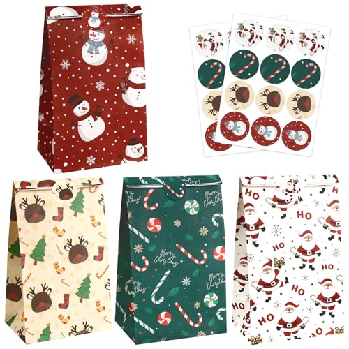 Christmas Treat bags with Stickers, 24 PCS Christmas Gift Bags Party Favors, Xmas Goodie Bags for Kids Candy Cookies Snack Bag Mini Paper Gift Crafts Wrapping for Xmas Party Supplies Decorations