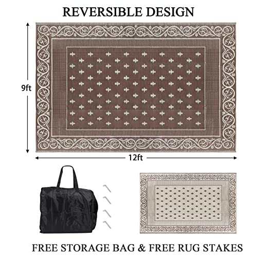 Pauwer Waterproof Outdoor Rug 9x12, Plastic Patio Rug, Bordered Brown - Image 2