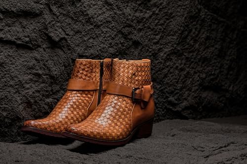 Image of CALTO Men's Invisible Height Increasing Elevator Shoes - Light Brown Premium Leather Woven Ankle Buckle Zipper Boots - 3.3 Inches Taller - K30524 - Size 8 D(M) US
