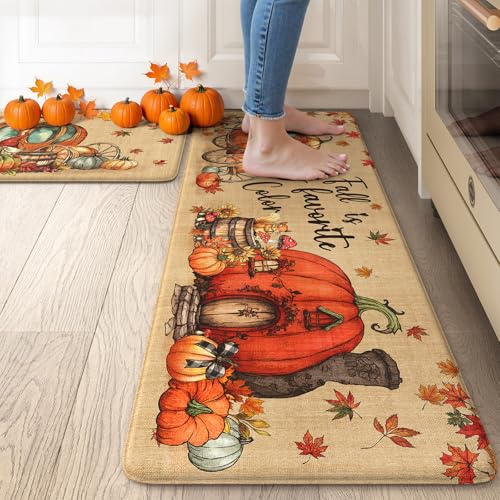 Collive Kitchen Mats Cushioned Anti Fatigue, Pumpkin Carriage Fall Leaf Kitchens Rugs Set of 2 Non Slip, Orange Padded Comfort Desk Standing Carpet for Halloween Home Decorations