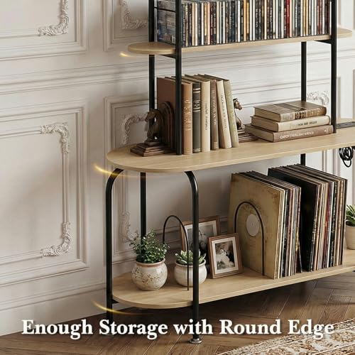 Image of Faesun Record Player Stand with Storage, 5-Tier Turntable Stand with Charging Station, CD Storage with Adjustable Book Stoppers, for CDs, Vinyl Records, Books, Games, for Living Room, Bedroom, Oak