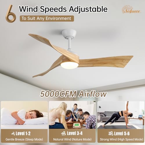 Image of Sofucor 52 Inch Ceiling Fan with Light and Remote, Large 3 Solid Wood Blade