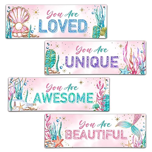 Image of 4 Pieces Mermaid Girls Bathroom Room Decor, 11.8" x 3.9" Under the Sea Wall Decor Wood Sign, Motivational Wall Art For Kids Room Nursery Playroom Classroom-A07