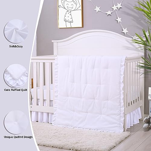 Image of Cloele 3 Pieces Baby Crib Bedding Set- Solid Ruffle Quilted Set Includes Comforter Fitted Sheet Crib Skirt for Boys and Girls - Cute Ruffled Nursery Crib Standard Size Baby Bedding Set White