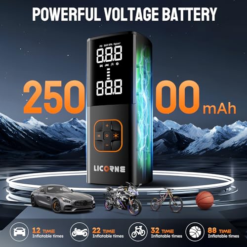 Image of LICORNE Tire Inflator Portable Air Compressor, 180PSI Cordless Digital | 5X faster, 7800mAh battery, digital gauge, auto shut-off, 4 modes for car /bike /motorcycle /ball, USB-C power bank, LED light