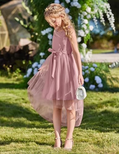 Image of Arshiner Girls Dresses Formal Party Wedding Tulle Sleeveless Contrast Mesh High Low Dress with Belt