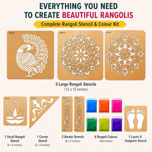 Image of SWAGSTATION Mandala Rangoli Stencils Set Rangoli Stencils Big Size for Floor (Set of 7 Stencil, 6 Rangoli Colors Set, Decorative Stencils Combo 61WS0771) Mandala Rangoli Making Tools Kit, Multi