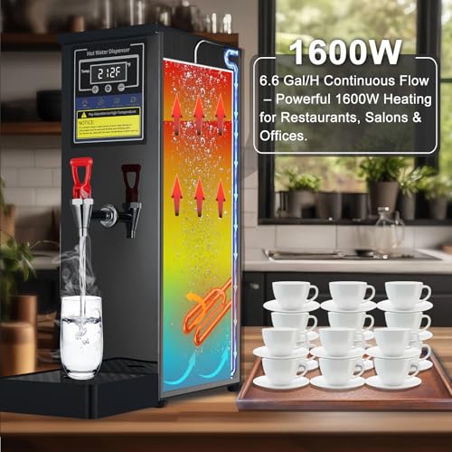 Image of Hot Water Dispenser Commercial Water Boiler Countertop Hot Water Machine Stainless Steel Step-heating Temperature Control 86-212F for Boba Tea Coffee Office Restaurant 1600W, 25L(6.6GAL) /Hour, Black