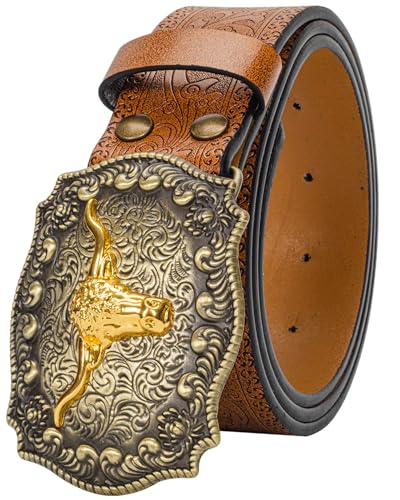 Western Cowboy-Belts for Women Big-Buckle Longhorn-Bull PU-Leather Rodeo Cowgirl-Belt Engraved Floral - Waist 25-38
