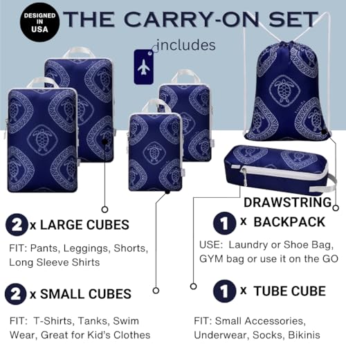 Compression Packing Cubes for Travel 6PC Set - Suitcase Organizer & Space Saver Bags for Carry On Luggage with Drawstring Backpack Turtle Beach Blue3