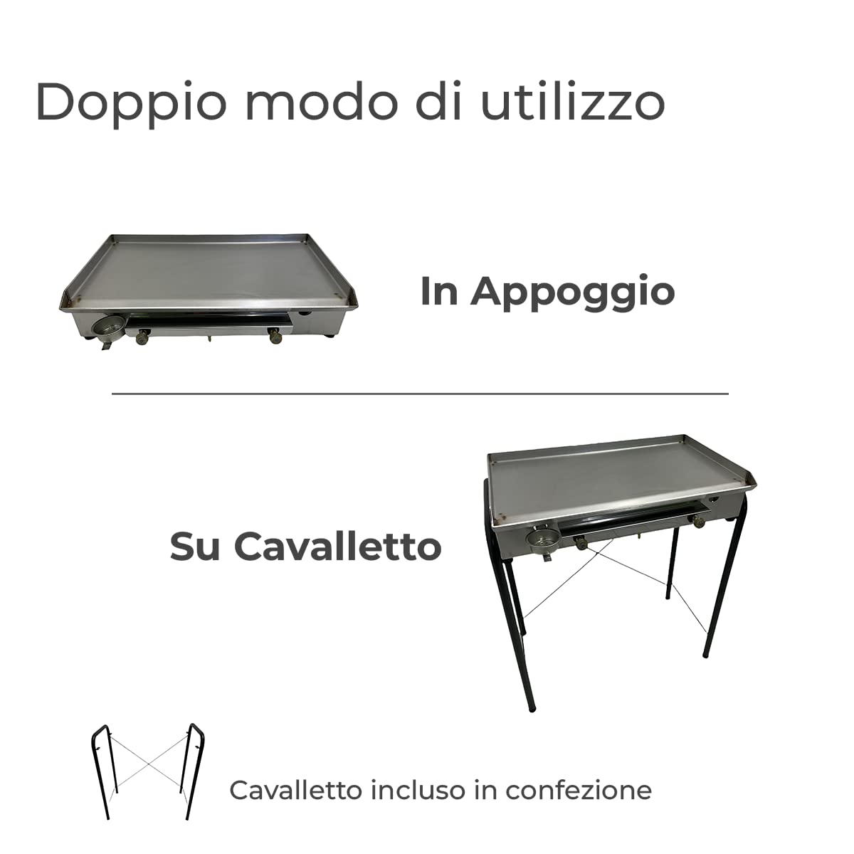 Piastra Barbecue Professionale a GAS Griglia Acciaio INOX liscia 5 mm per Catering Ristoranti Street Food Pub per Cottura Arrosto 2 fuochi (Large 80x50 + Coperchio)