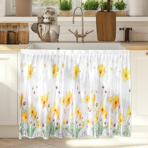 Wiooffen Cabinet Curtains 28x34.6 in Sink Skirt for Bathroom Kitchen Under Desk Privacy Drape Self Adhesive Closet Dishwasher Table Curtain for Home Laundry Room Farmhouse Rustic Decor Galsang Flower