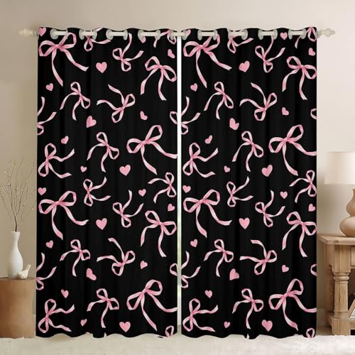 Homewish Homwish - Cortinas de ventana con lazo rosa y negro de 167 x 228 cm, juegos de 2 paneles, bonitas cortinas opacas con lazo de princesa, cortinas de dibujos animados con corazón rosa para