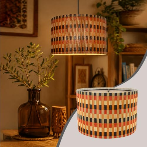 Image of Rustic Pendant lamp shade Art decorative Colorful Grid 13.8x9Inch | Unique bamboo material, Minimalist Elegant Style for Living Room Bedroom Office,Effortless Installation