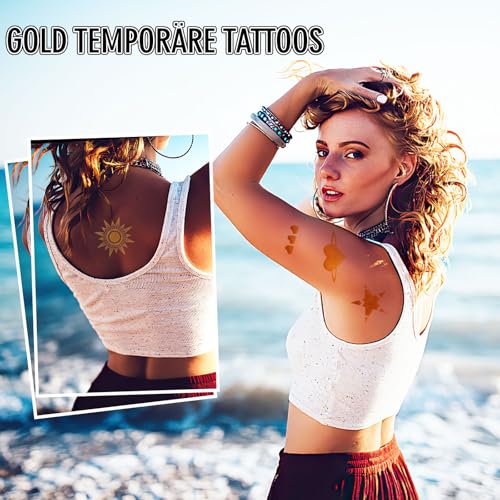 Gold Temporäre Tattoos Erwachsene, 110+ Festival Tattoos, Metallic Glitzer Klebe Tattoo, Wasserdichte Boho Gesichtstattoo Set für Festival & Party Halloween -9 Blatt