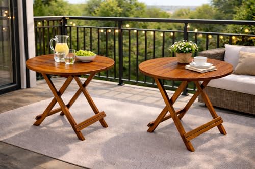 Image of WELL KNOWN Patio Foldable Coffee /Tea Center Table, Outdoor Wooden Round Portable Folding Picnic Camping, Dining Table for Balcony Living Room, Garden Bistro Side Table, Natural Brown Finish-Set of 2