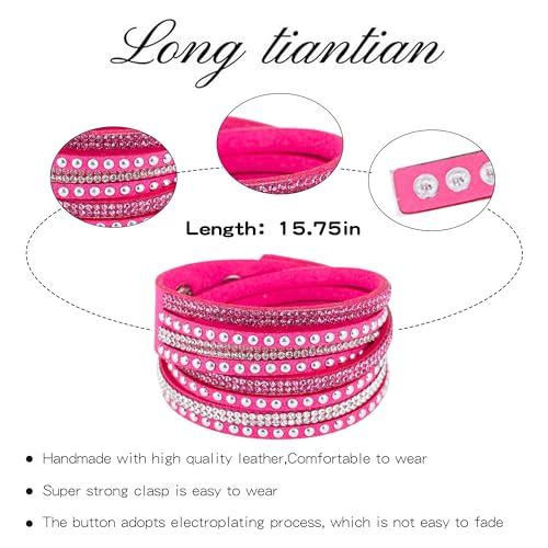 Long tiantian Leather Wrap Bracelets for Women, Boho Multi-Layer Pink Western Jewelry Cowgirl Outfits for Women4