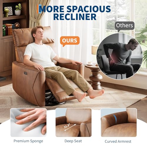 Image of Garvee Power Recliner Chair, PU Leather Swivel Rocker Recliner with USB Ports, Upholstered Nursery Glider Reclining Sofa Chair, Ergonomic Lounge for Living Room Bedroom and Nursery (Brown)