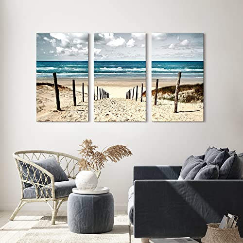 Beach Picture Canvas Wall Art:3 pieces Large Ocean Sea Artwork and Seaside Coastal Path Painting Print on Seashore Scene for Living Room decor (20''x34'') - Image 3